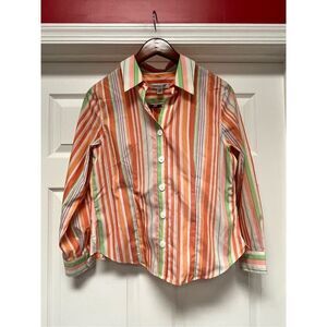 Coldwater Creek Orange & Green Stripe Wrinkle Resistant Button Down Shirt sz PM